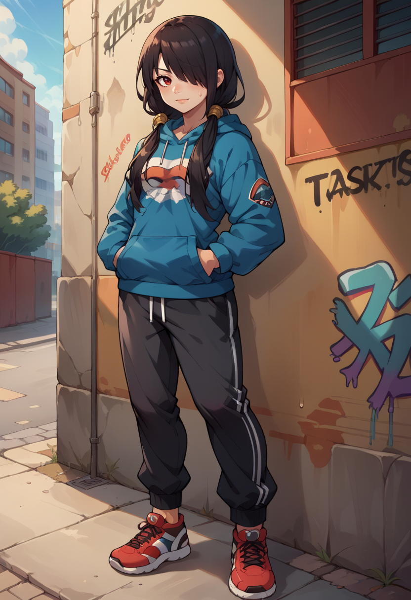 score_9, score_8_up, score_7_up, source_anime, TokisakiKurumi, black hair, low twintails, hair over one eye, red eye, urban and street style, graffiti-inspired colors, cool and edgy attire, sweatpants, hoodie, stylish sneakers, fashionable accessories, hip hop jewelry, confident expression, graffiti walls, energetic and vibrant atmosphere, <lora:CHAR-TokisakiKurumiPonyXL:1>