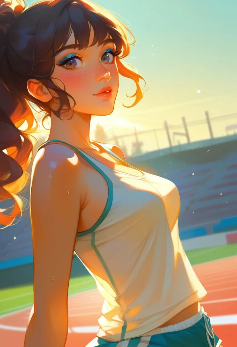 score_9, score_8_up, score_7_up, score_6_up, score_5_up, score_4_up, 1girl, outdoors, sports were, semi-realism, detailed render, lovely feeling, shadows, cinematic lighting, hyperdetailed, love, painting by Ismail_Inceoglu Tom_Bagshaw and Dan Witz CGSociety, fantasy art, best quality Backlights, ultra-detailed quality, dynamic angle, 4k quality, intricate details,
BREAK,
1girl, cute girl, medium breasts, she have long_hair, moles, dolphin shorts, tank top, sweaty, cute, kawaii, petite body, bangs, boring mode, freckles female, sport track, dynamic angle, DOF, sunrays, sun hues, beautiful face, long eyelashes, winds, eyeshadow,