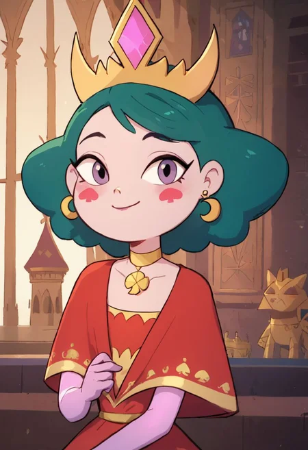 score_9, score_8_up, score_8, Eclipsa Butterfly, green hair, short hair, purple eyes, red spade blush stickers, golden moon earrings, necklace with golden clover, gold crown with pink jewelry, red dress with white bottom, yellow shrug, light purple gloves,
upper body, closed mouth, in palace, vivid colors, looking at viewer, smile,