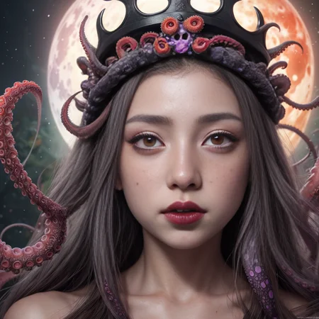 japanese line art , High detail, high definition, and highly detailed masterpiece. Double exposure of ( 1 young girl grey eyes with black freckles all over her body, crown made of eyes, getting fucked by octopus) and (purple red and green tentacles with eyes). Mystical, luminist atmosphere. In the style of takato yamamoto, red full moon on background , <lora:takma2:1.2>