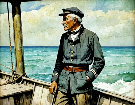 a painting by Schoonover of an old skipper of a boat, looking out to sea in 1907 texture, <lora:FSchoonover-000003:1>