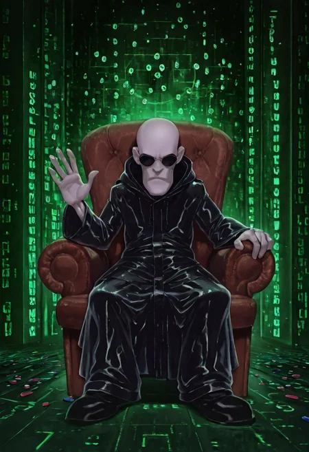 Masterpiece, best quality, absurdres, highest quality, solo, 1boy, Eustace, Bagge, black leather raincoat, sunglasses, no hat, bald, facing viewer, palms open, sitting on brown leather chair, red pill in left hand, blue pill on right hand, (green cascading code in background:1.3), matrix, detailed background, morpheus,