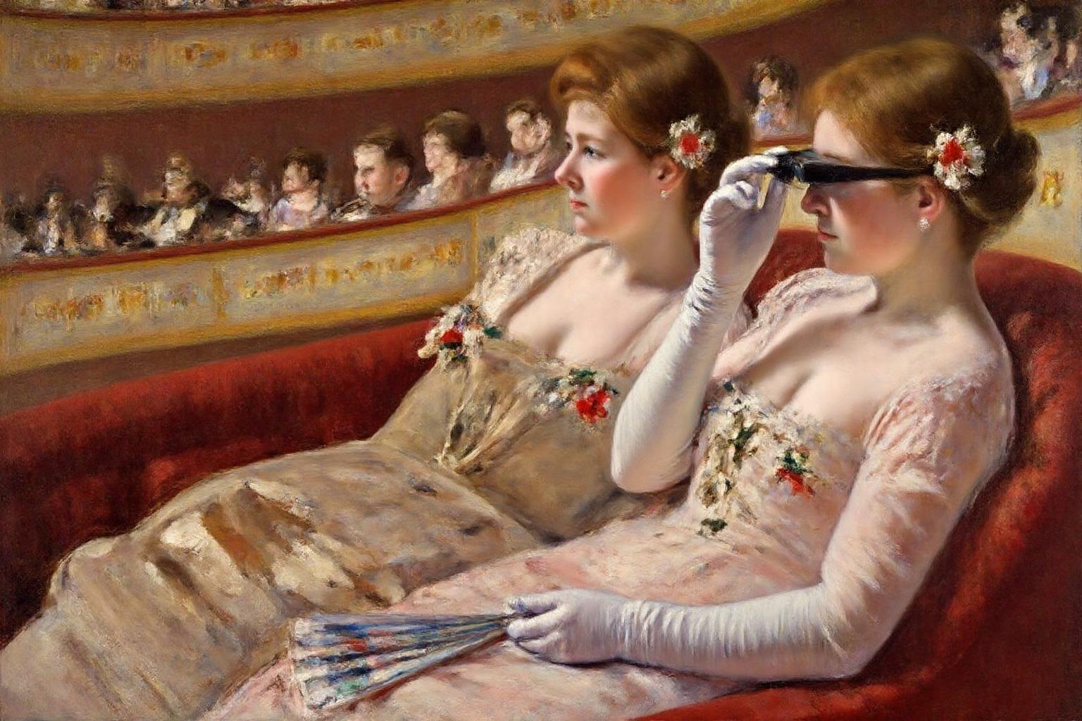 marycassatt1 painting
two elegantly dressed women, shown in side profile view, are seated in a private theater box, watching a performance. They wear elegant 19th-century gowns, with delicate lace and floral accents, and one holds a decorative fan. One woman wearing long white gloves is looking through a pair of opera glasses. <lora:marycassatt1_cap_d6a3e17:1.0><lora:833894168821634354:0>