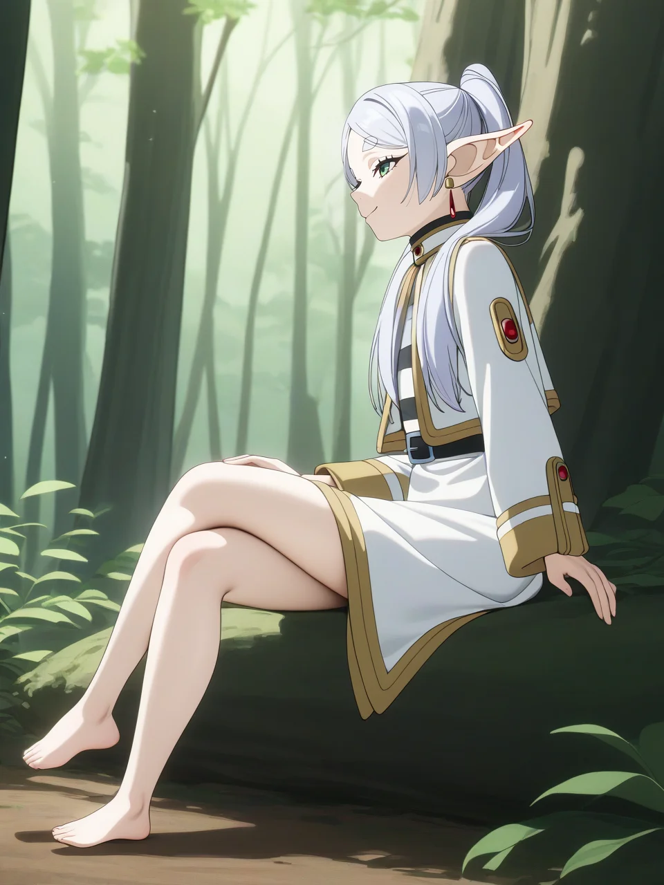best quality,masterpiece,highres,absurdres,1girl,solo,newest,rating: general,  <lora:Frieren_XL-step00001000:0.6> ,(frieren, pointy ears, elf, earrings, twintails, parted bangs, grey hair, thick eyebrows),(full body:1.1),smile,from side,sitting,crossed legs, looking up,forest,