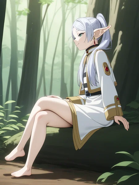 best quality,masterpiece,highres,absurdres,1girl,solo,newest,rating: general, <lora:Frieren_XL-step00001000:0.6> ,(frieren, pointy ears, elf, earrings, twintails, parted bangs, grey hair, thick eyebrows),(full body:1.1),smile,from side,sitting,crossed legs, looking up,forest,
