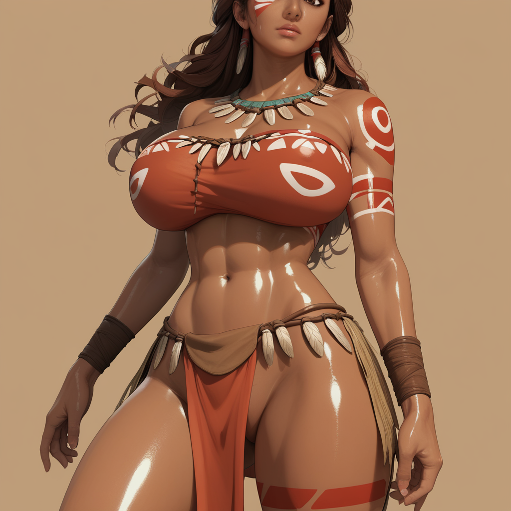 score_9_up, score_8_up, score_7_up, high resolution, high quality, masterpiece, ultra detailed, knva, concept art, knee-up shot, Glade background, triba1gir1XL,,  1girl, dark skin, shiny skin, huge breasts, hourglass figure, brown hair, slicked back hair, long hair, brown eyes, red tribal_tattoo, beige tribal clothes, red face markings