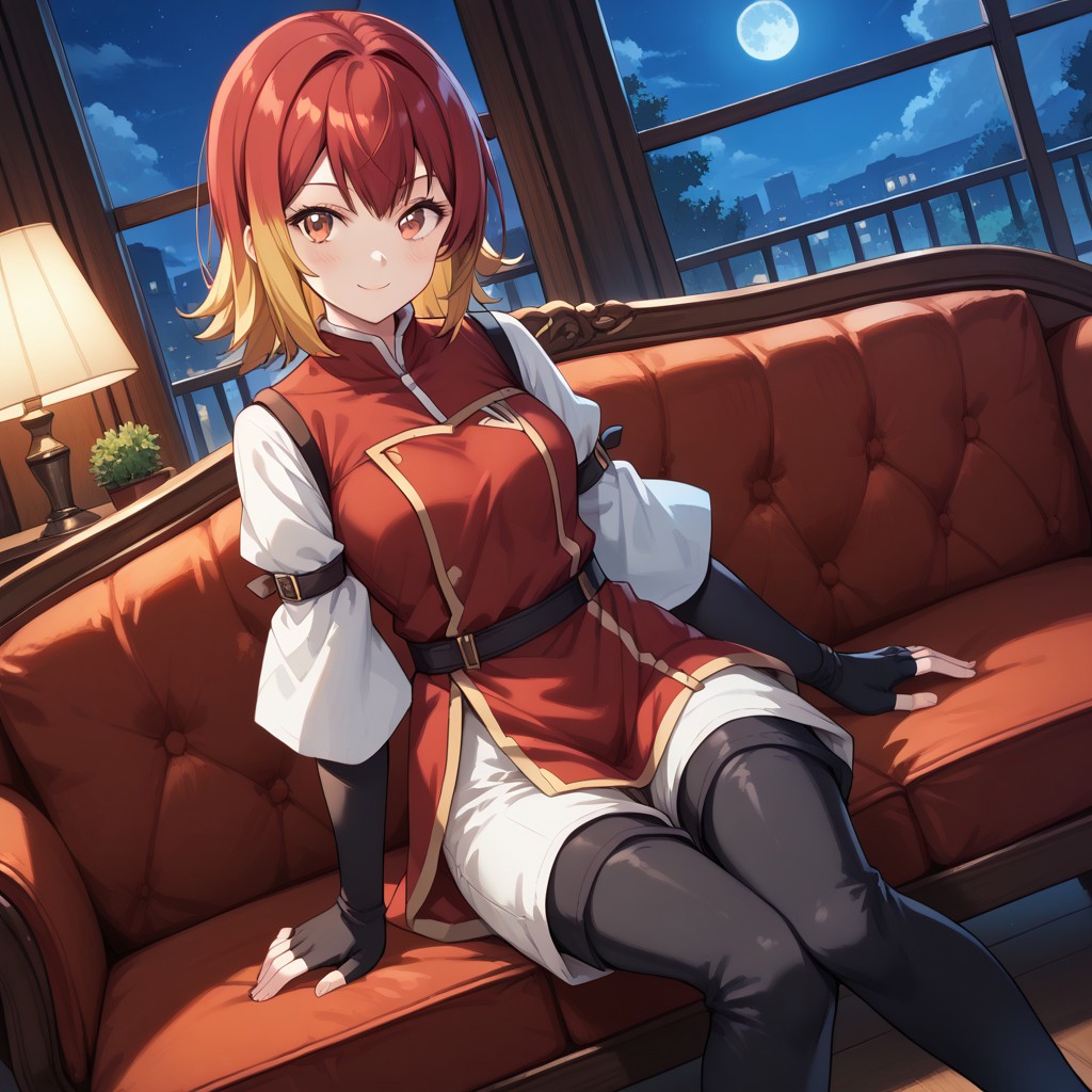 masterpiece, best quality, score_9, score_8_up, score_7_up, full body, 1 girl, looking at viewer, cowboy shot, dutch angle, indoors, sitting on couch, living room, night, blush, smile, Lana the Moon Tempest, red hair, yellow hair, red eyes, red tunic, layered outfit, white sleeves, long black gloves, fingerless gloves, white shorts, black thigh high boots, flat boots