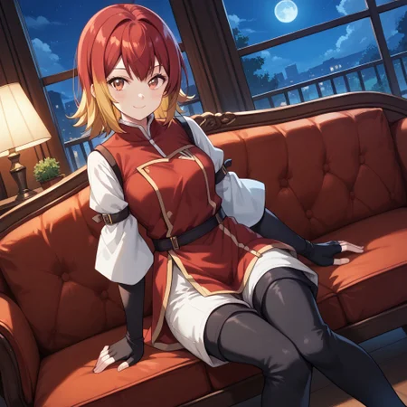 masterpiece, best quality, score_9, score_8_up, score_7_up, full body, 1 girl, looking at viewer, cowboy shot, dutch angle, indoors, sitting on couch, living room, night, blush, smile, Lana the Moon Tempest, red hair, yellow hair, red eyes, red tunic, layered outfit, white sleeves, long black gloves, fingerless gloves, white shorts, black thigh high boots, flat boots