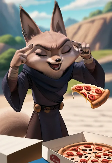 score_9, score_8_up, score_7_up, score_6_up, score_5_up, score_4_up,
Zhen, Corsac fox, Furry, Right-sided jade ear piercing, Fur Gray and White, brown eyes, 1girl, petite, disney, source_cartoon, blue kimono, tail, ManLevitatingPizzaMeme, pizza, pizza box, pizza slice, eyes closed, fingers pointing head, open mouth
