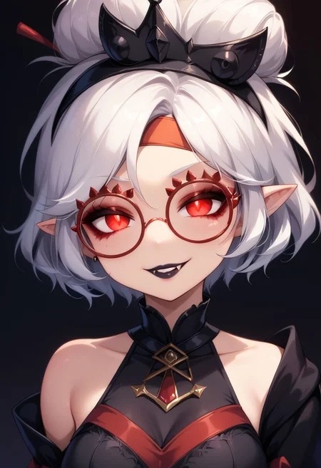 score_9, score_8_up, score_7_up, score_6_up, (haaru),concept art, digital artwork, highly detailed, sharp focus, portrait, purah, white hair, short hair, hair ornament, red headband, red glasses, <lora:princess_xl_v2:0.3>, <lora:VampirePonyLora:0.9> vampire, red eyes, glowing eyes, fangs, pointy ears, <lora:Gothic:1>, GothicC, makeup, black lipstick, mascara, black nails, gothic dress, black dress, red dress, covered shoulders, fishnet, half closed eyes, smug, evil smile, dark background