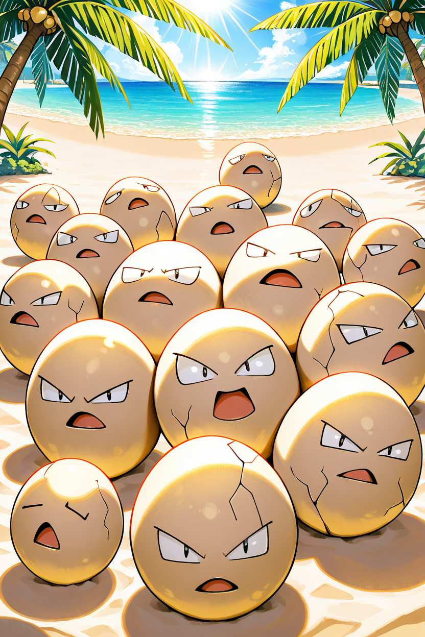 masterpiece, best quality,  zzExeggcute, no humans,   <lora:ExeggcutePokedexIXL:1.0>,  gathered on a sandy beach, tropical palm trees in the background, bright sunlight, cheerful expressions, vibrant colors, playful atmosphere, soft and detailed, whimsical and tropical