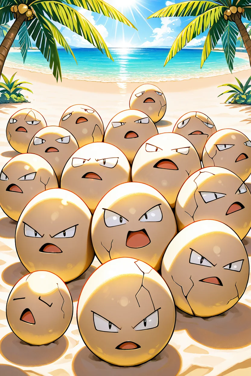 masterpiece, best quality, zzExeggcute, no humans, <lora:ExeggcutePokedexIXL:1.0>, gathered on a sandy beach, tropical palm trees in the background, bright sunlight, cheerful expressions, vibrant colors, playful atmosphere, soft and detailed, whimsical and tropical