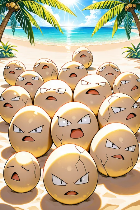 masterpiece, best quality,  zzExeggcute, no humans,   <lora:ExeggcutePokedexIXL:1.0>,  gathered on a sandy beach, tropical palm trees in the background, bright sunlight, cheerful expressions, vibrant colors, playful atmosphere, soft and detailed, whimsical and tropical