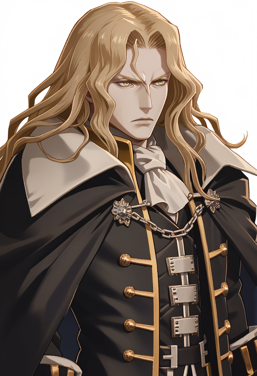 score_9, score_8_up, score_7_up, source_anime, 1boy, solo, expressionless
<lora:zs_FEWarriorsPortraitsXL:1> fewarriorsportraits, portrait, white background
 <lora:Alucard_-_Castlevania:0.8> alucard_castlevania, long hair, yellow eyes, pale skin, cape, ascot, black gloves, black pants, coat