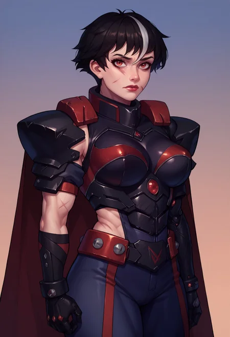 score_9, score_8_up, score_7_up, score_6_up BREAK, portrait, looking at viewer, eblythe-dh, 1girl, solo, short hair, black hair, streaked hair, muscular woman, scars, prosthetic arm, armor, cape, science fiction <lora:Elizabeth_Blythe_Subverse_PDXL:0.7>