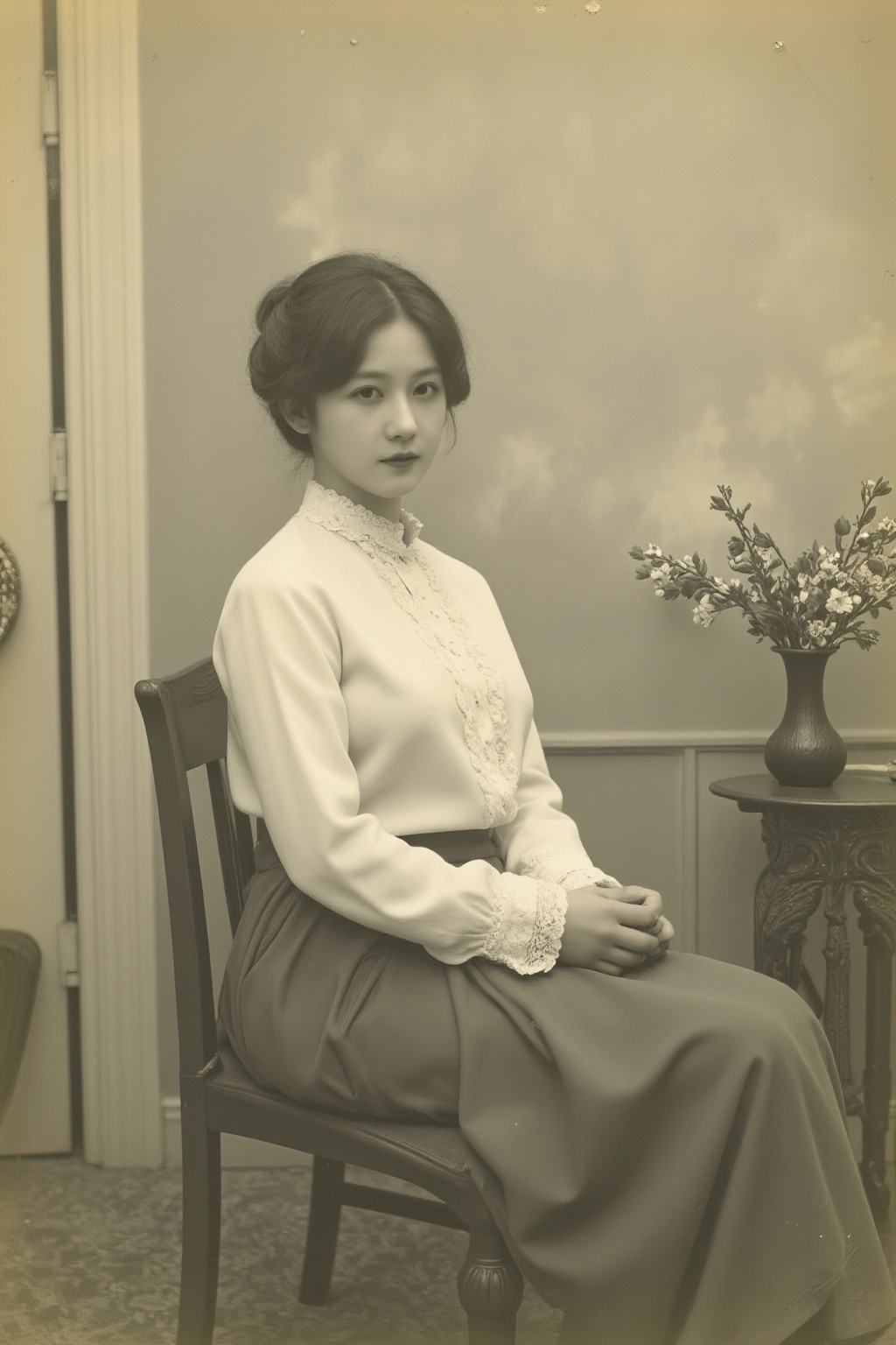 <lora:20s_Retro_Erotic:0.8>, V1nt4g3, This is a black and white photograph from the late 19th or early 20th century featuring a young Korean woman. The image has a vintage aesthetic with a slightly yellowish tint and noticeable graininess, evoking the feel of an old photograph. The setting is indoors, with a plain backdrop and minimal props, such as a simple wooden chair or a small side table with a vase. The woman is dressed in a high-collared, lace-trimmed blouse and a long, flowing skirt, typical of American portrait photography attire from that era. Her hair is styled in a soft updo with loose curls framing her face. Her facial features are modern and resemble those of a contemporary Korean celebrity, with delicate and ethereal beauty. The composition is a medium close-up, focusing on her upper body and face, with soft lighting that highlights her features while casting subtle shadows on the backdrop. The photograph is taken from a slightly elevated angle, mimicking the studio portrait techniques of the time, with a shallow depth of field to emphasize the subject.âââ