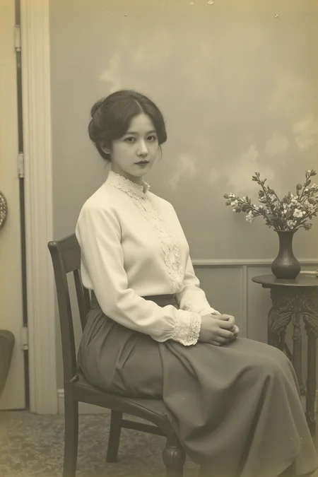 <lora:20s_Retro_Erotic:0.8>, V1nt4g3, This is a black and white photograph from the late 19th or early 20th century featuring a young Korean woman. The image has a vintage aesthetic with a slightly yellowish tint and noticeable graininess, evoking the feel of an old photograph. The setting is indoors, with a plain backdrop and minimal props, such as a simple wooden chair or a small side table with a vase. The woman is dressed in a high-collared, lace-trimmed blouse and a long, flowing skirt, typical of American portrait photography attire from that era. Her hair is styled in a soft updo with loose curls framing her face. Her facial features are modern and resemble those of a contemporary Korean celebrity, with delicate and ethereal beauty. The composition is a medium close-up, focusing on her upper body and face, with soft lighting that highlights her features while casting subtle shadows on the backdrop. The photograph is taken from a slightly elevated angle, mimicking the studio portrait techniques of the time, with a shallow depth of field to emphasize the subject.âââ