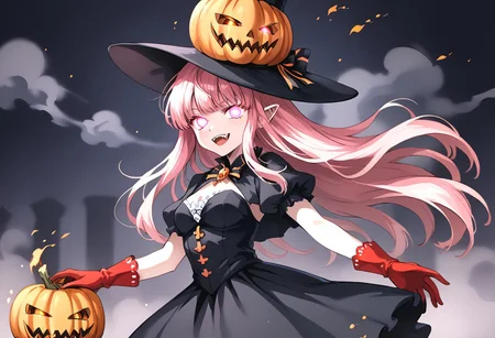 (masterpiece), (score_9, score_8_up, score_7_up,source_anime), 4K8K,
(from side), misty, steam, fog, Floating Halloween pumpkins,
halloween, halloween fantasy, (jakkRo),
(pumpkinhead woman, Pumpkinhead:1.3), (solo), (Glossy skin, pale skin:1.3), blue flame, burning pumpkin, (dark aura:1.4), (smirk, half-opened mouth, Canine, tooth, fang1.2),
(medium figure:0.9), (pointy breasts:1.1),
(pink hair, ultra long hair, glowing eyes),
(wearing vampire cos, dress, makeup, red and black dress, Miniature Hats, culottes, red gloves:1.2),
(emperor's audience room, dark room:1.3), elf ears,