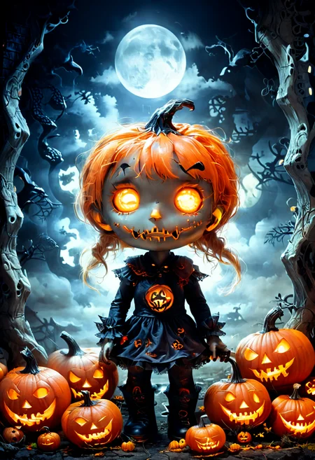 Halloween, moonlit night, supernatural, jack-o'-lanterns, trick-or-treating, eerie ambiance, playful mischief, mysterious shadows, delightful spookiness.,cute helloween doll ,haunted graveyard in the background, with its windows glowing with an unnatural, ghostly radiance. It beckons the curious and the brave to explore its mysteries.cute helloween doll, Halloween Night,Nightmarish beast street art, vibrant, urban, detailed, tag, mural. Chthonic abomination writhing with tentacles and claws, something from deepest pits of subconscious . graffiti style ,