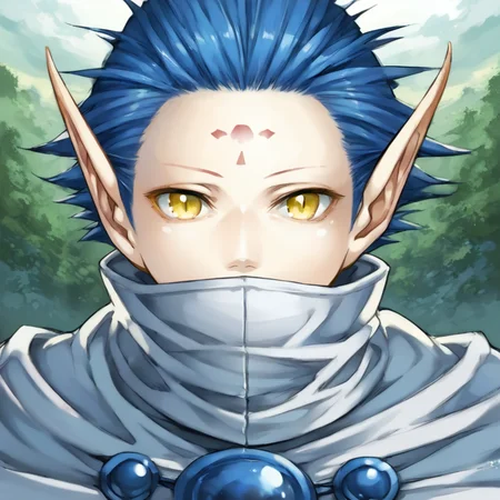 score_9, score_8_up, score_7_up, source anime, <lora:backgroundsetXL:0.3>, background, scenery, forest, treehouses, sunset, BREAK, solo, <lora:RuneElf:0.85>, 3lf1ord, 1girl, blue hair, short hair, pointy ears, yellow eyes, forehead mark, covered mouth, popped collar, capelet, white capelet, looking at viewer, adult female, ((face, close-up)), hair slicked back, female focus,