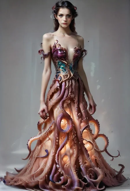 safe_pos, score_9, score_8_up, score_7_up, rating_safe, concept art, semi-realistic, 1girl, solo.
Young beautiful face, fit body, Sexy face, Sexy body, Proportion body.
TentacleDress. (Tentacles:1.5).
(Long dress), (Long skirt:1.5). Luminescent.
((Full body)), (((Stay))).