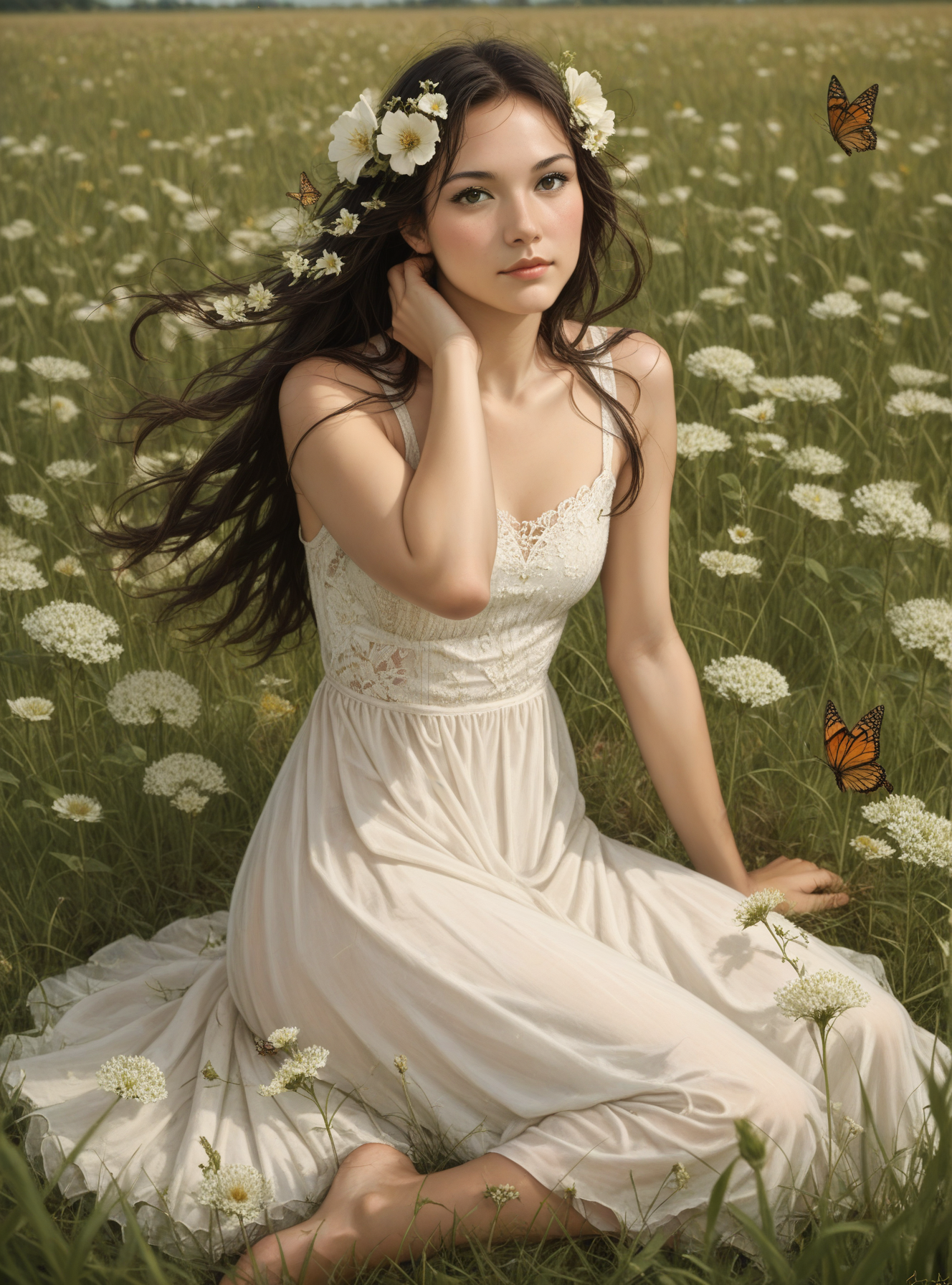 score_9, score_8_up, score_7_up, score_6_up, score_5_up, score_4_up,  source_anime, hud_l_b, <lora:hud_l_b_XLP:0.8>, 1girl, solo, butterfly, flower, long hair, dress, field, realistic, sitting