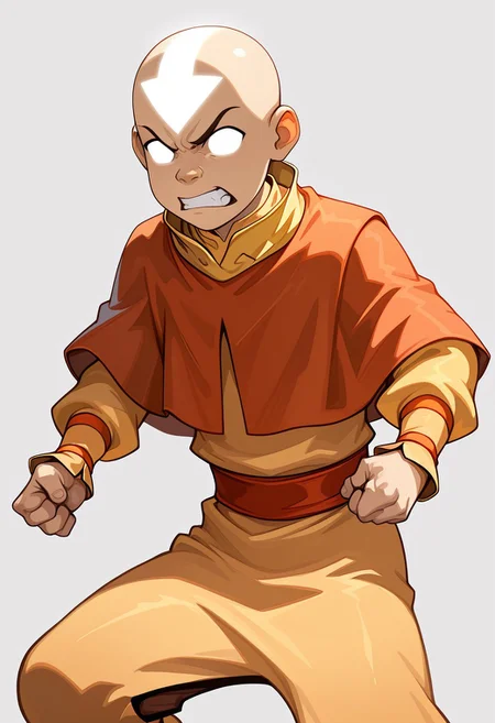 masterpiece, absurdres, high quality, perfect anatomy, 1boy, solo, cute boy, male focus, angry, teeth clenched, Aang, bald, Avatar state, Glowing White Eyes, no pupils, Glowing White Facial Marking, Glowing White Arrow (Symbol) Tattoo On Forehead, Air Nomad Outfit, Yellow Shirt, Long Sleeves, Orange Capelet, Orange Sash Belt, Yellow Pants, simple background,