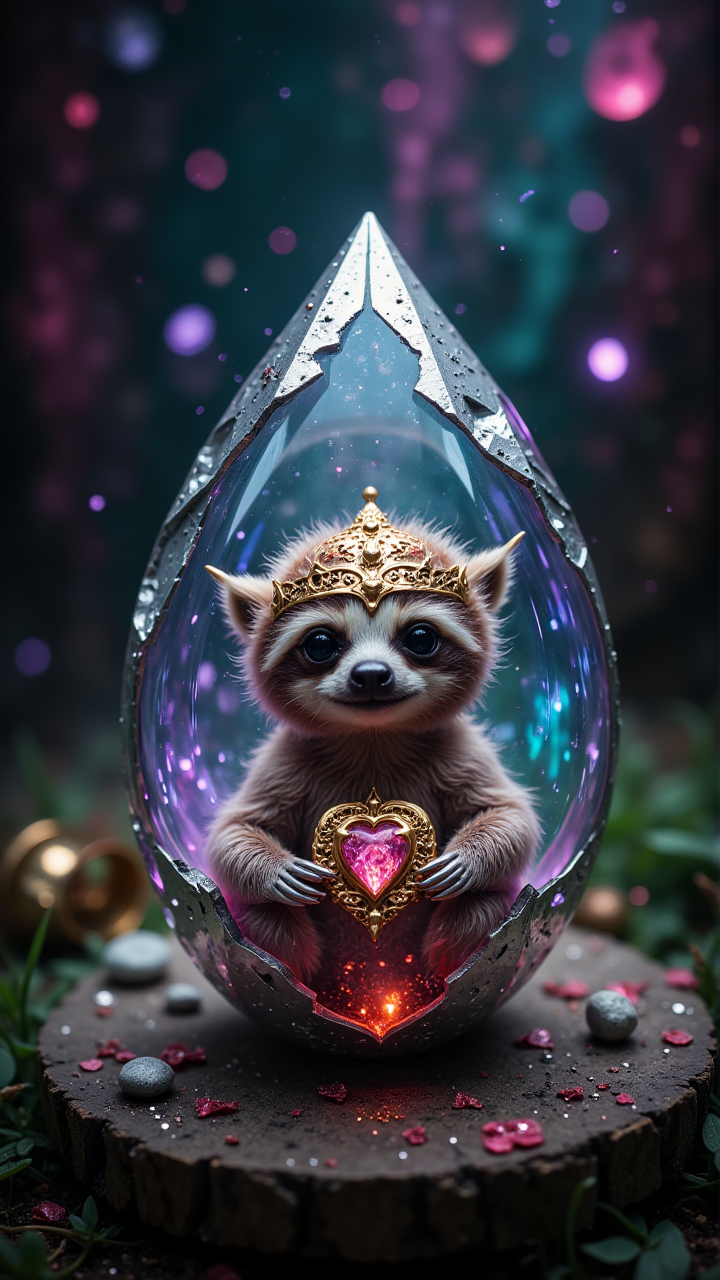 the most magic Diamond with little Sloth King Chibi inside, with magic power, the blurry bokeh background is full of psychadelic colors and shapes, silver frame, gold object