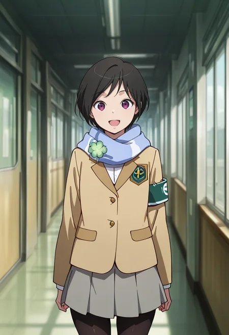 masterpiece, best quality, amazing quality, very aesthetic, absurdres, newest, illustration, perfect composition, intricate details, highres, anime coloring, 1girl, solo, (cowboy shot:1.2), inkoww, purple eyes, black hair, short hair, school uniform, blue striped scarf, four-leaf clover, blazer, long sleeves, armband, grey skirt, black pantyhose, looking at viewer, smile, open mouth, shiny body, shiny skin, skindentation, clear skin, shiny hair, ultra detailed eyes, depth of field, sharp, intricate details, hyperdetailed, ultra-detailed, detailed clothing folds, high contrast, dynamic light  <lora:Amifumi_Inko_Aldnoah_Zero_ill_v1.1:1>