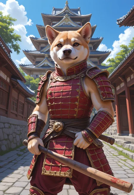anthr0dnd, The image is a digital painting in a fantasy art style, depicting an anthropomorphic shiba inu dressed in samurai armor, holding a baseball bat toward the viewer, standing on a stone street in front of a traditional Japanese castle. The anthro shiba inu, with relaxed and confident expression, wears red and gold armor. It is beautiful summer day and the blue sky is clear. The courageous and virtuous dog is a protector of the innocent.  mysterious, atmospheric, vibrant, high contrast of shadow and light, portrait, anime style oil painting