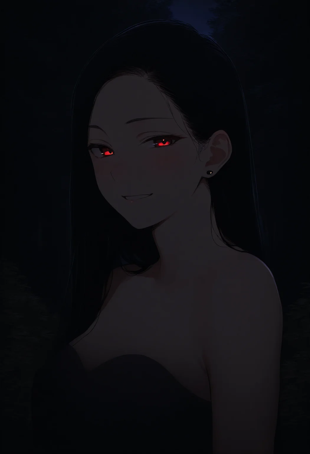 masterpiece, woman, night, dark, smile, stud earrings, long hair, black hair, red eyes, looking at viewer, seductive smile, light blush, outdoors, forest, shade, upper body
 <lora:DarkerThanDarkIllustriousV1:0.75>