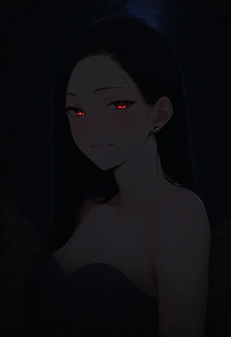 masterpiece, woman, night, dark, smile, stud earrings, long hair, black hair, red eyes, looking at viewer, seductive smile, light blush, outdoors, forest, shade, upper body
<lora:DarkerThanDarkIllustriousV1:0.75>