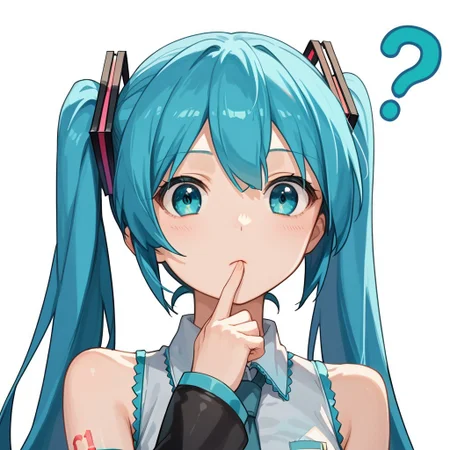 score_8, score_8_up, score_7_up, 1girl, solo, female focus, source_anime, anime screenshot, clagwimoth, confused, ?, portrait, 1girl, solo, female focus, looking at viewer, hatsune miku, aqua hair, aqua eyes, twintails,necktie, collared shirt, sleeveless, bare shoulders, detached sleeves, finger to own chin, simple background, white background,