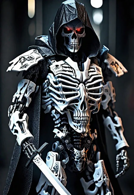 (masterpiece:1.2), best quality, high resolution, perfect lighting, extremely detailed, (Terminator assasin), battle scared white and black carbon armor, Wearing a dark cloak with hood, skull face just visable under hood, full_armor, humanoid, Metal Human skull head, (extreme detailed micro mechcanical scary Metal human skull design). Samurai sword shinning silver, Runes decorative embossments over his cloak, slim muscular body fast agile and stealthy, background a dark back street with subtle lighting and shadows, facing viewer, solo,