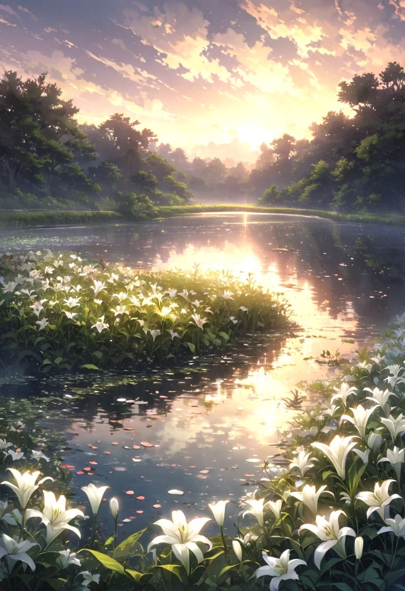 detailed background,( Calm spring night landscape), amongst lush greenery, beautiful view, lily flower in full bloom, lily flower, early morning, sunrise sky, beautiful clouds, dappled sunlight, beautiful, Tranquil Lake, Walkway, petals dancing in the wind, depth of field, masterpiece, best quality, ultra-detailed, very aesthetic, illustration, perfect composition, intricate details, absurdres, moody lighting, wisps of light, no humans,