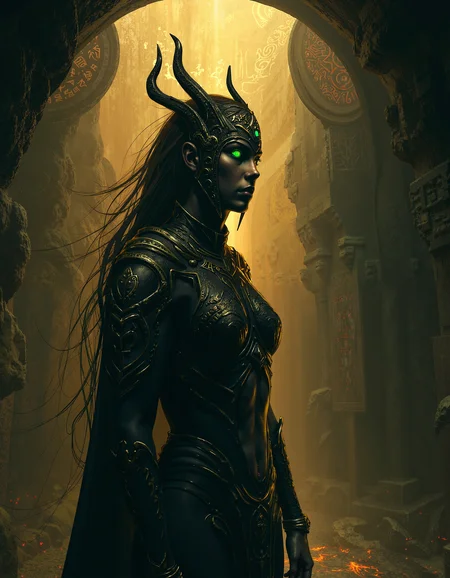 In a dimly lit, eerie cavern of obsidian, a shadow priestess with dark, smooth skin and piercing green eyes stands tall, her sleek, sharp armor etched with faintly pulsing runes like dying embers, as tendrils of living darkness flow from her ornate headdress, amidst ancient glyphs etched into the walls, casting an otherworldly glow, reminiscent of Guillermo del Toro's dark fantasy style, with bold contrasts, textured shading, and intricate details, shot in a cinematic, high-contrast style with warm, golden lighting and deep shadows, film grain, and subtle lens flares, with a muted color palette and subtle, surrealistic color grading. The painting is in the style of umesky<lora:ume_sky_v2.safetensors:0.8:0.8>