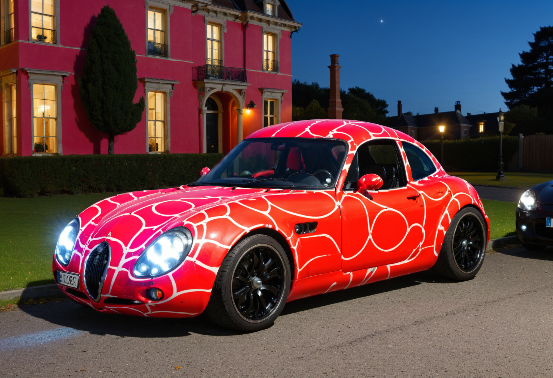 lgcrs,a car looking like a egg,with aggressive color pattern,neon red,black,parked before a victorian villa at night,with headlights on,wasp like,
<lora:Retro_Cars-000011:0.7>,
