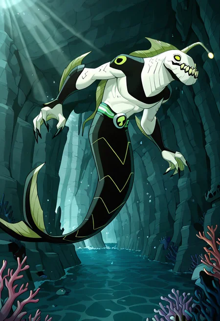 masterpiece, best quality, amazing quality, very aesthetic, absurdres, newest,,
ripjawsov, no humans, sharp teeth, teeth, colored skin, monster, pale skin, angler fish lure, green eyes, small eyes, , monster boy, claws, digimon (creature), fins, , square jaw
underwater, bright, water, coral reefs, sunken ship, sunken pirate ship, wearing ,black mermaid tail, sun rays, atlantis, sunken city,