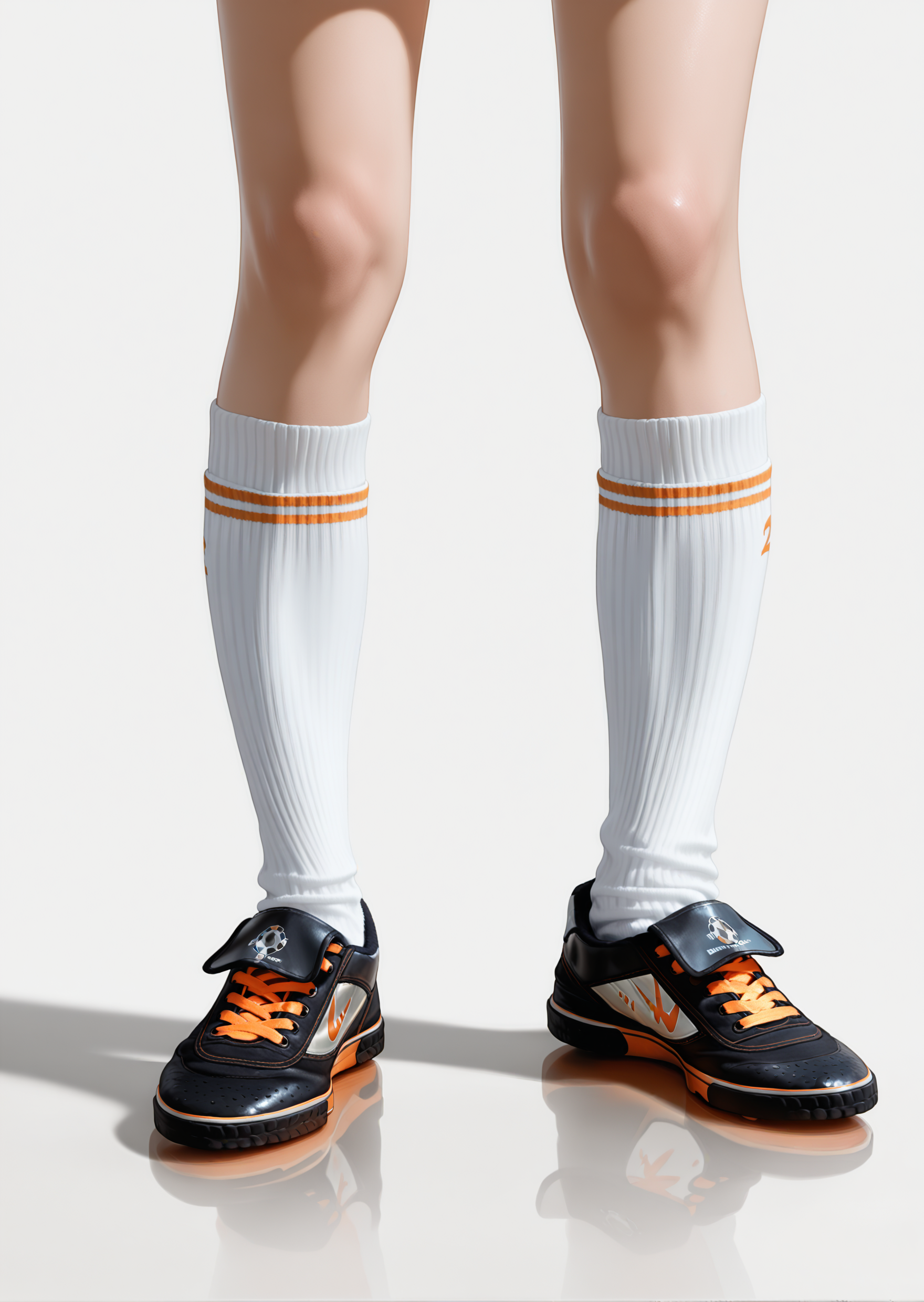 realistic,photorealistic,masterpiece,amazing quality,best quality,ultra-detailed,absurdres,newest,1boy,solo,(orange cleats:1.1),separated legs,<lora:cleatss-000010>,white ribbed kneehighs,white background,simple background,standing,