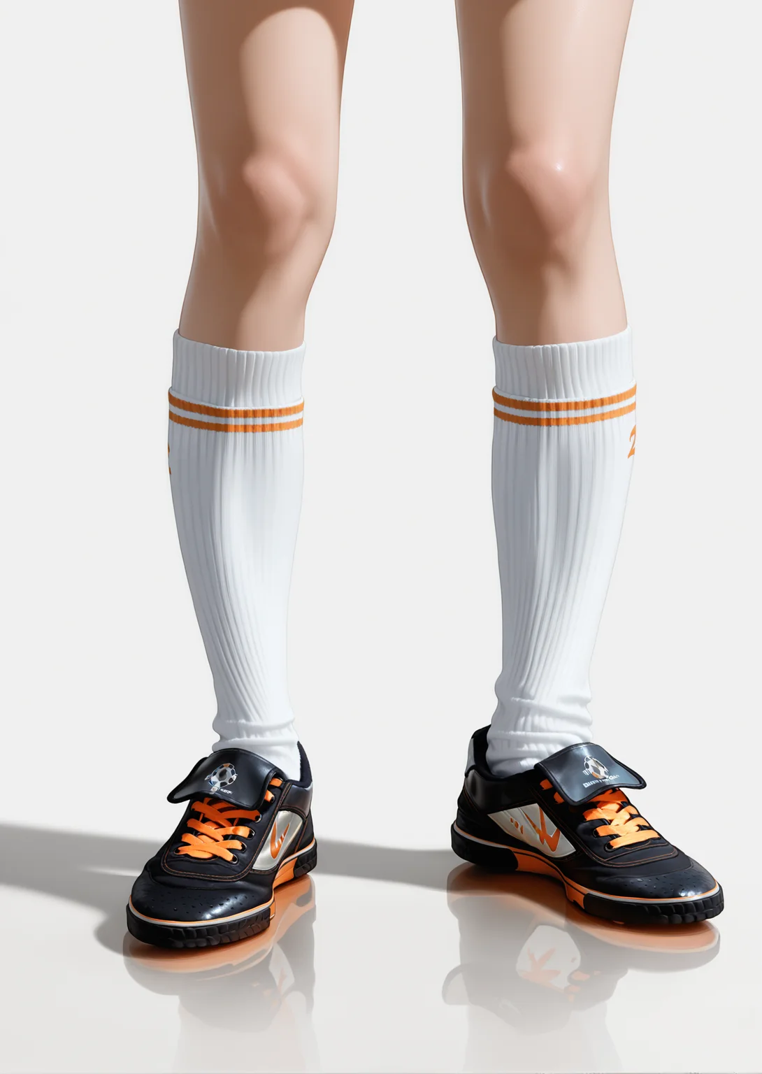 realistic,photorealistic,masterpiece,amazing quality,best quality,ultra-detailed,absurdres,newest,1boy,solo,(orange cleats:1.1),separated legs,<lora:cleatss-000010>,white ribbed kneehighs,white background,simple background,standing,