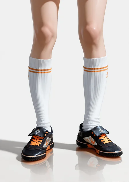 realistic,photorealistic,masterpiece,amazing quality,best quality,ultra-detailed,absurdres,newest,1boy,solo,(orange cleats:1.1),separated legs,<lora:cleatss-000010>,white ribbed kneehighs,white background,simple background,standing,