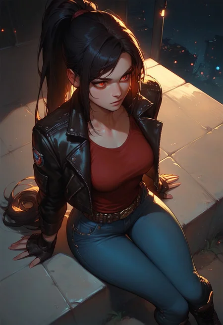 score_8_up, score_7_up , score_9, black hair, long hair, ponytail, solo, red eyes, dynamic lighting, medium breasts, leather jacket, red tanktop, jeans, combat boots,  sitting, dynamic angle, night, cowboy shot, hips sway, focused face,
