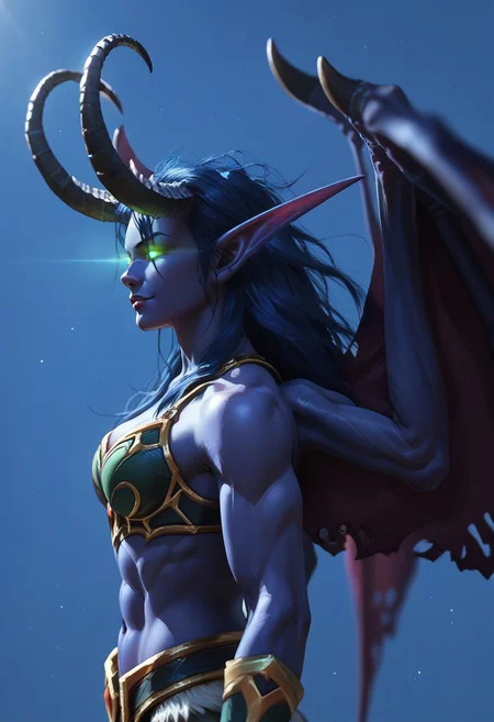 score_9_up,score_8_up,score_7_up,score_6_up,score_5_up,score_4_up,rating_safe,detailed,epic,depth of field,perfect lighting,light particles,1girl, woman,elf, demon, dem0m hunter, pointy ears, glowing eyes, wings, horns, claws, glowing tatoos, abs, navel, muscular body, simple background, hooves, dark blue hair, long hair, messy hair, night elf, dark blue skin, athletic, evil smirk, semi-side view, beautiful face