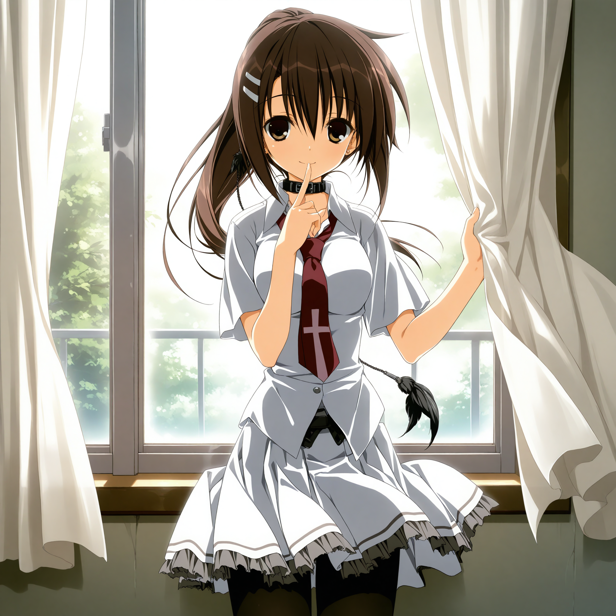 <lora:Minakami_Yuki_1_nai-000047:1>,Minakami Yuki,ponytail,hairclip,hair ornament,
school uniform,pantyhose,necktie,skirt,collar,
1girl,solo,smile,window,standing,curtains,curtain grab,looking at viewer,front view,cowboy_shot,finger to mouth,