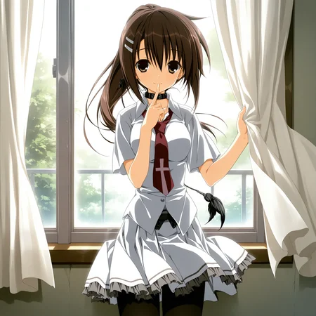 <lora:Minakami_Yuki_1_nai-000047:1>,Minakami Yuki,ponytail,hairclip,hair ornament,
school uniform,pantyhose,necktie,skirt,collar,
1girl,solo,smile,window,standing,curtains,curtain grab,looking at viewer,front view,cowboy_shot,finger to mouth,