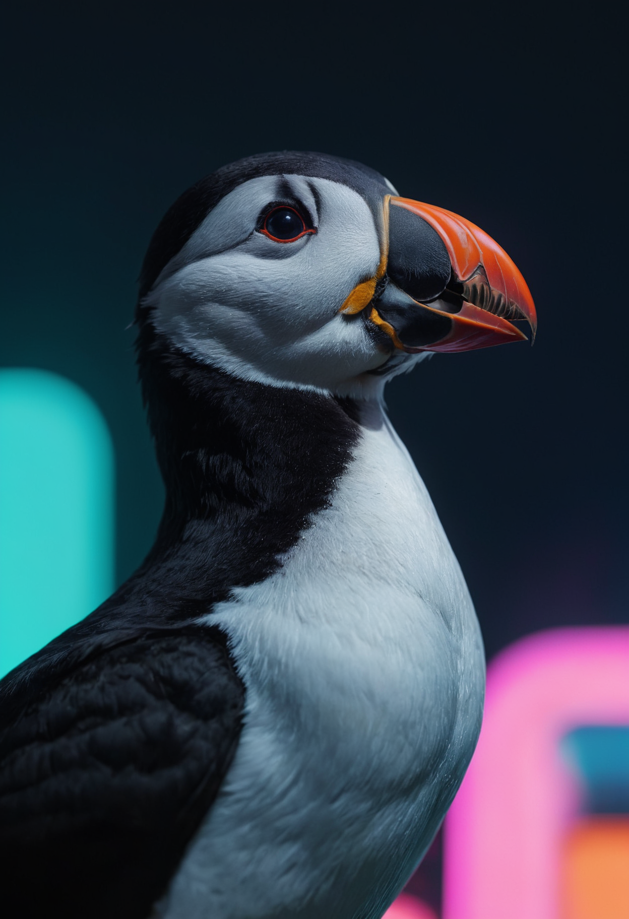 Boring Puffin, Nintencore, flat lighting, telephoto lens, futuristic Neon cyberpunk synthwave cybernetic  Hasegawa Tōhaku and by Reinout Van Den Bergh, a look of shock