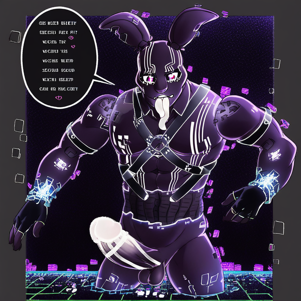 back, robot rabbit, large pectorals, censored, uniform, feet out of frame, symbol-shaped pupils, completely nude, chest harness, adjusting clothes, glitch, full body, electricity, speech bubble, black gloves, heart-shaped pupils, fingerless gloves, collared shirt, colored sclera, digital dissolve, large penis, transparent background, outside border, belt, thick eyebrows, tongue out