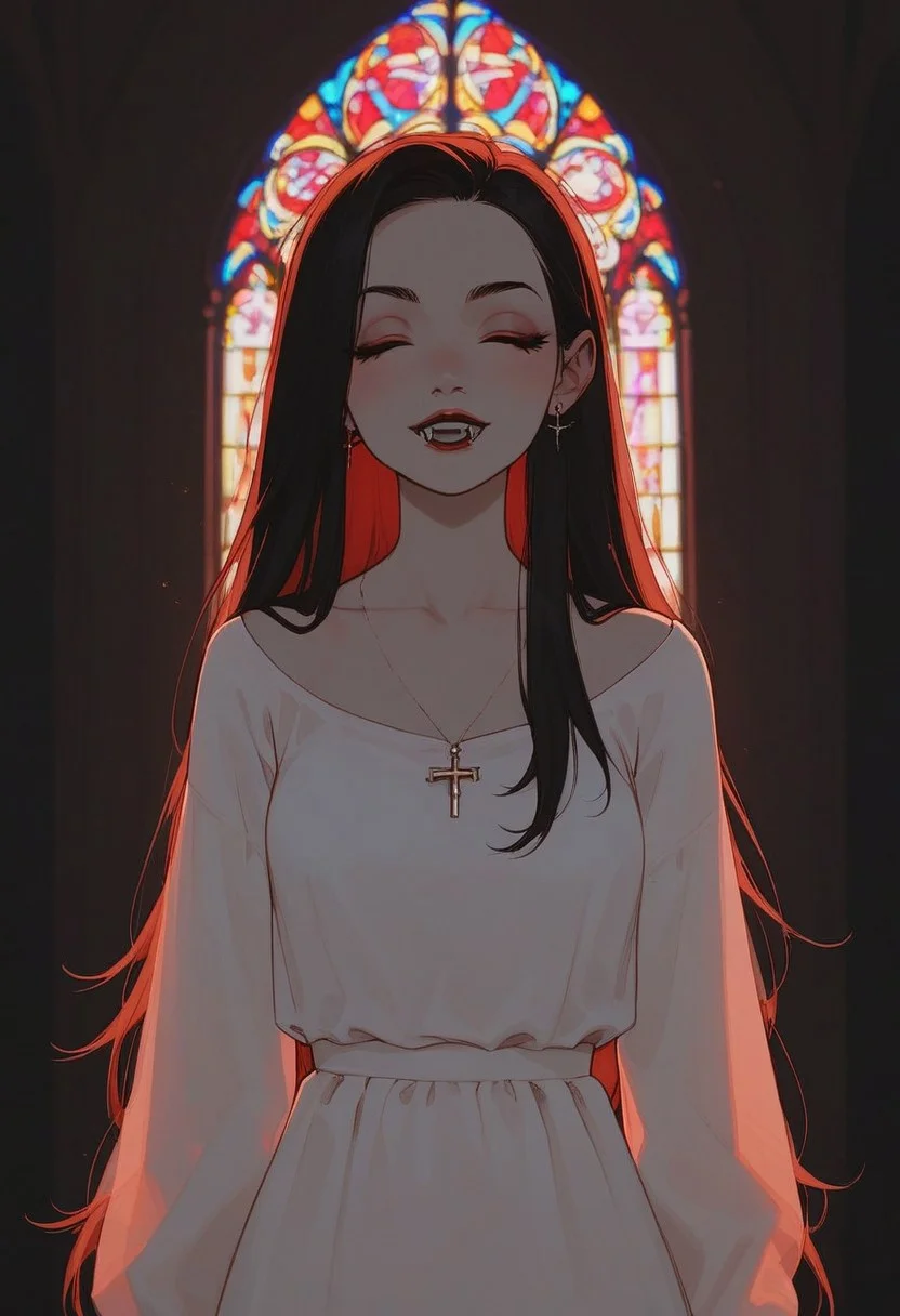 score_9,score_8_up,score_8,score_9,
(((pastel colors, high contrast, expressiveh))),
((1girl, solo, transgender girl, vampire, black long hair, red eyes, in simple dress, cute smile, closed eyes, head tilted, kind expression)),
looking at viewer,
overflow, sexy belly,
indoors, in church background