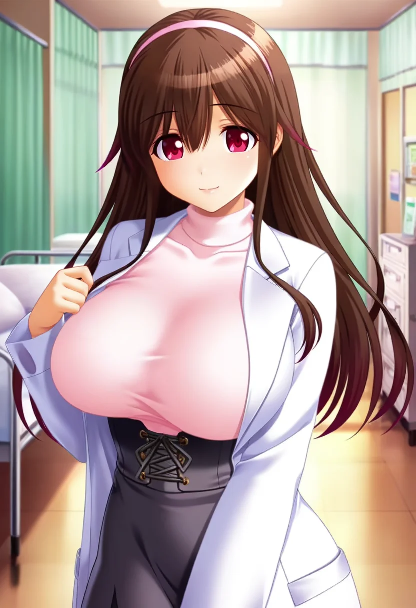 masterpiece, best quality, amazing quality,hasumi yumezono, red eyes, brown hair, long hair, hairband, 1girl, solo, breasts, labcoat, large breasts,long sleeves,pink turtleneck, black corset, black skirt,closed mouth, light smile, looking at viewer, cowboy shot, indoors,infirmary<lora:hasumi yumezonoV1:0.9>