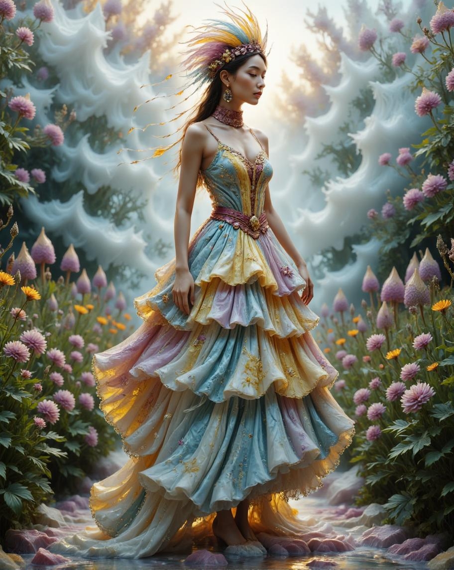 <lora:liquid_marble_512_dev_f1_k.safetensors:1> liquid marble
In a garden draped in soft, misty veils, a figure emerges, crafted from the threads of dreams and the colors of a gentle dawn. A woman, perhaps in her late twenties, stands tall and graceful, her form a patchwork of delicate fabrics and warm, earthy tones. Her dress, a quilted masterpiece, flows in soft pastels and rich sienna hues, each panel stitched together with visible, looping threads. The skirt, layered and rounded, cascades like a waterfall of textured fabrics, each swatch adorned with embroidered flowers and simple, curved lines that add a touch of whimsy.
Her attire is a blend of celestial and earthly elements. The bodice, fashioned from soft blue and cream fabrics, is embellished with tiny, embroidered beads that catch the light, shimmering like stars in the morning fog. A choker, crafted from deep burgundy and mustard threads, encircles her neck, while her ears are adorned with matching fabric pendants that dangle gracefully. Her headpiece, a creation of layered, hand-stitched feathers, frames her face, casting a gentle, ethereal glow.
Set against the backdrop of a garden where flowers bloom in soft shades of pink and lavender, the scene is a tapestry of lighthearted charm. The low, rear angle emphasizes the richness of her dress and the warmth of her presence, each stitch and thread a testament to the hand-crafted beauty of her attire. The mist swirls around her, softening the edges and adding a touch of magic to this enchanting portrait.